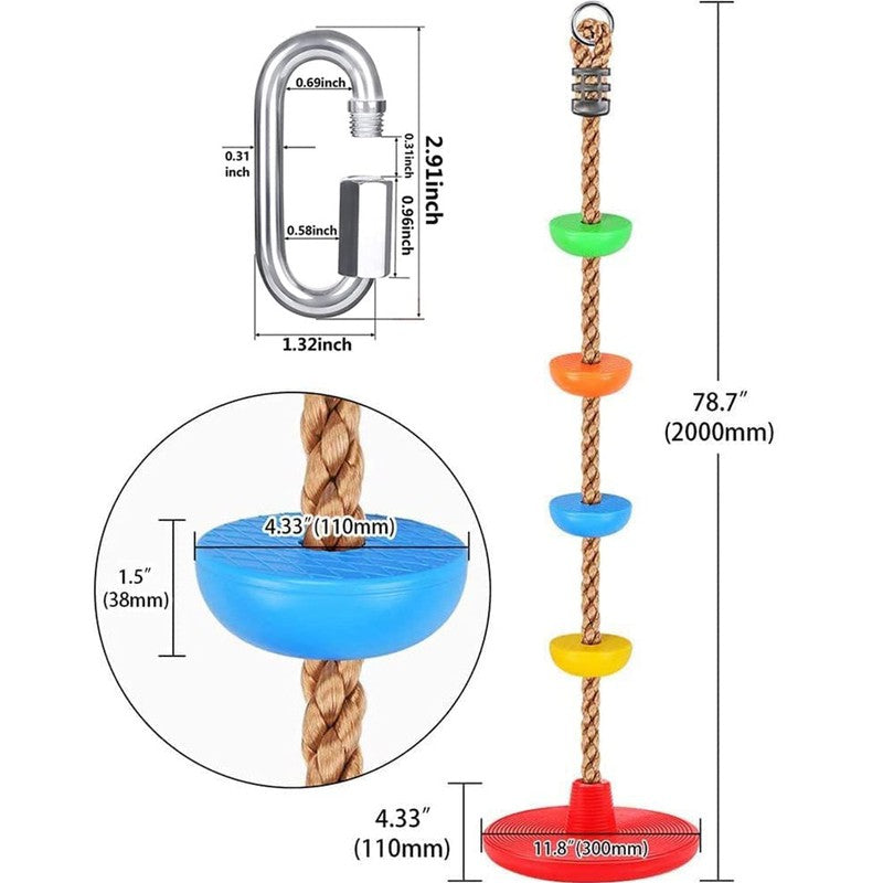 Platforms Disc Tree Swing Seat and Climbing Knot Rope with Carabiner Hook - Multicolour