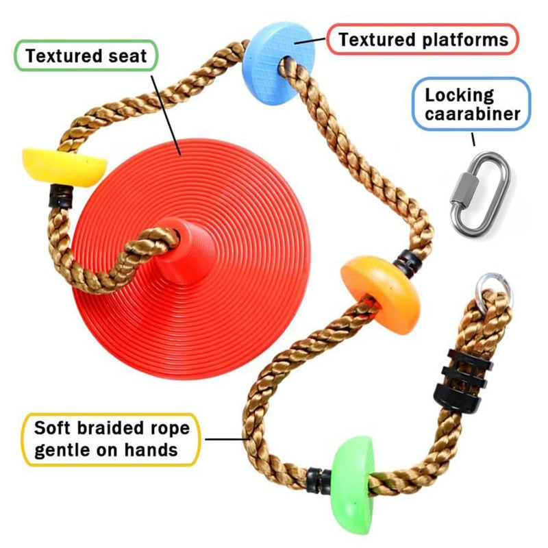 Platforms Disc Tree Swing Seat and Climbing Knot Rope with Carabiner Hook - Multicolour