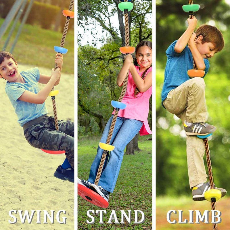 Platforms Disc Tree Swing Seat and Climbing Knot Rope with Carabiner Hook - Multicolour