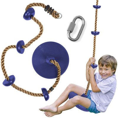 Platforms Disc Tree Swing Seat and Climbing Knot Rope with Carabiner Hook - Blue