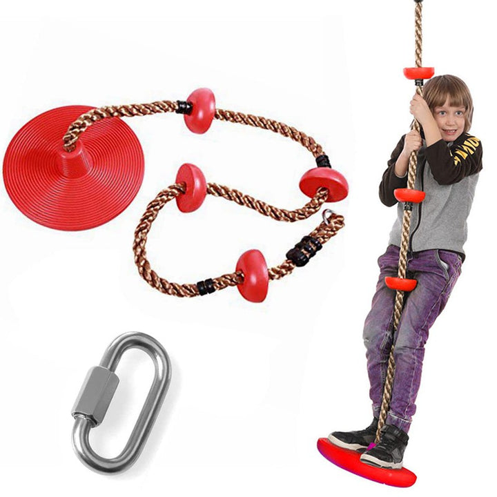 Platforms Disc Tree Swing Seat and Climbing Knot Rope with Carabiner Hook - Red