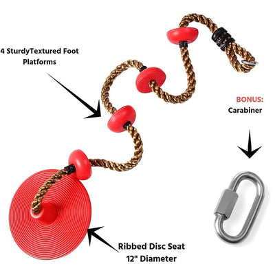 Platforms Disc Tree Swing Seat and Climbing Knot Rope with Carabiner Hook - Red