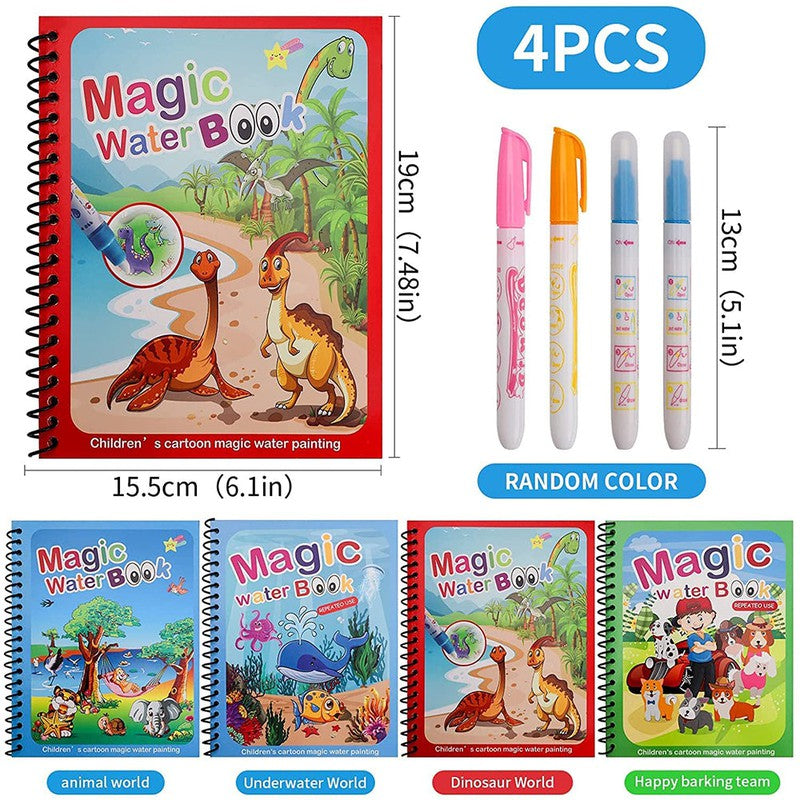 Quick Dry Re Usable Magic Coloring Water Book with Magic Pen (Pack of 4) - Assorted Colours