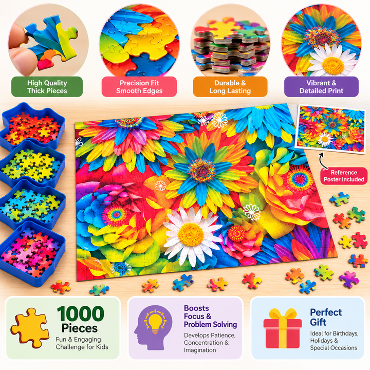 Frank Rainbow Flowers 1000-Piece Jigsaw Puzzle | Colourful Floral Puzzle for Adults & Teens