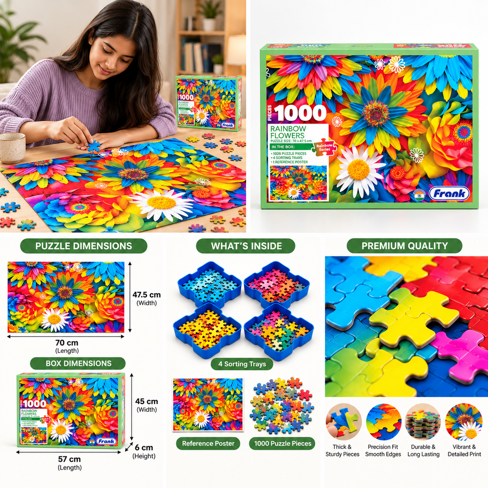 Frank Rainbow Flowers 1000-Piece Jigsaw Puzzle | Colourful Floral Puzzle for Adults & Teens