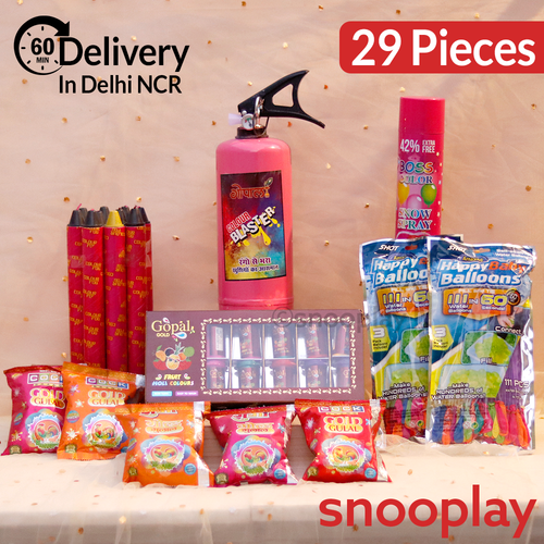 Rang Splash Holi Combo: 2kg Cylinder, 5 Packets of Gulaal, 2 Packets of Balloons, 1 Box of Water Colours, 1 Snow Spray (L), 2 Boxes of Color Fog | Assorted Colors & Prints
