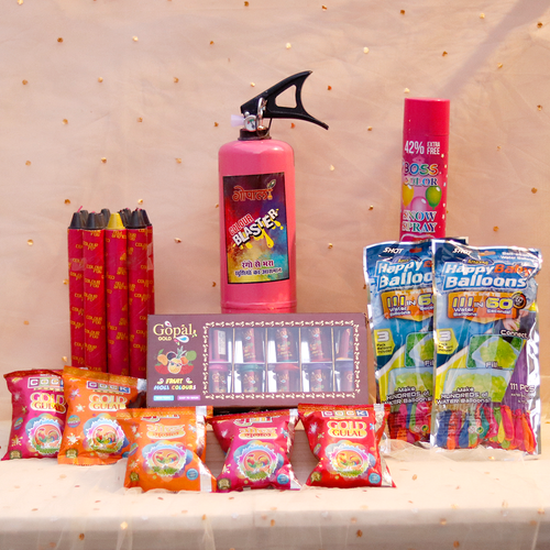 Rang Splash Holi Combo: 2kg Cylinder, 5 Packets of Gulaal, 2 Packets of Balloons, 1 Box of Water Colours, 1 Snow Spray (L), 2 Boxes of Color Fog | Assorted Colors & Prints