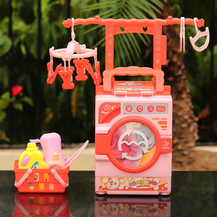 Electronic and Realistic Washing Machine Set with Rotating Drum (Pretend Play Set)