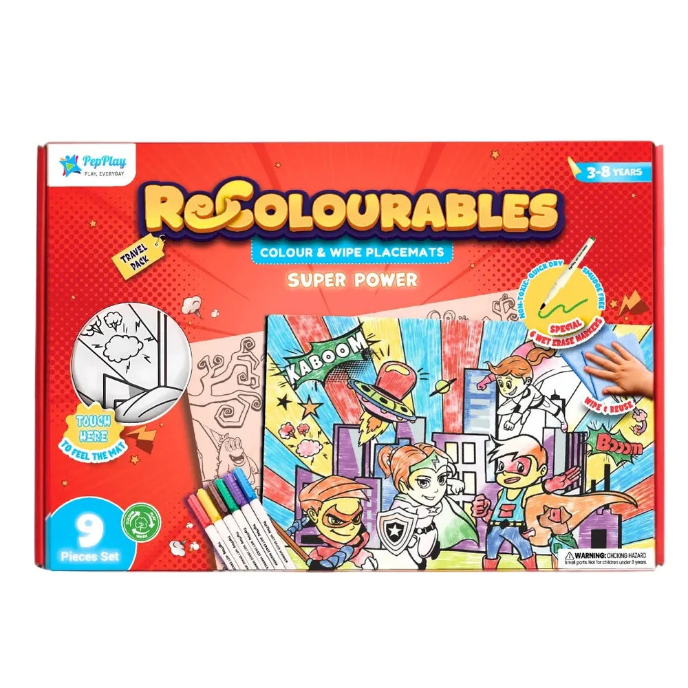 PepPlay Recolourables Colour & Wipe Placemats - Super Power | Reusable Wet-Erase Colouring