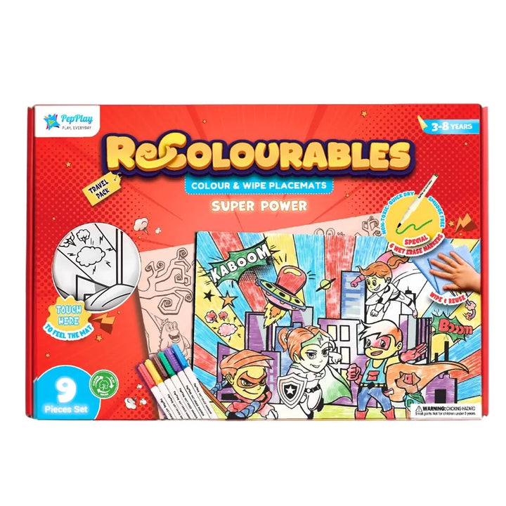 PepPlay Recolourables Colour & Wipe Placemats - Super Power | Reusable Wet-Erase Colouring