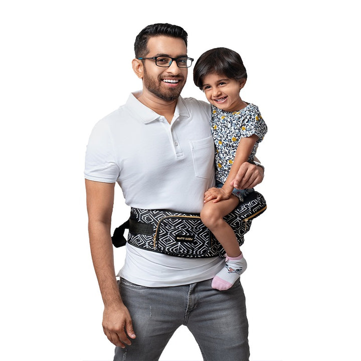 Tribal Route Baby Carrier with Hip Seat & In-built Mini Diaper Bag - Black & White