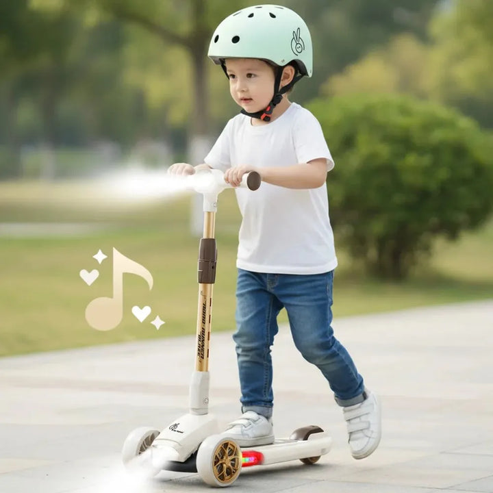 R for Rabbit Road Runner Blaze Foldable Kids Scooter | LED PU Wheels & Music | 4-Level Adjustable Height & Gravity Steering- Cream Gold