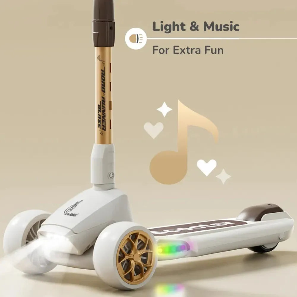 R for Rabbit Road Runner Blaze Foldable Kids Scooter | LED PU Wheels & Music | 4-Level Adjustable Height & Gravity Steering- Cream Gold