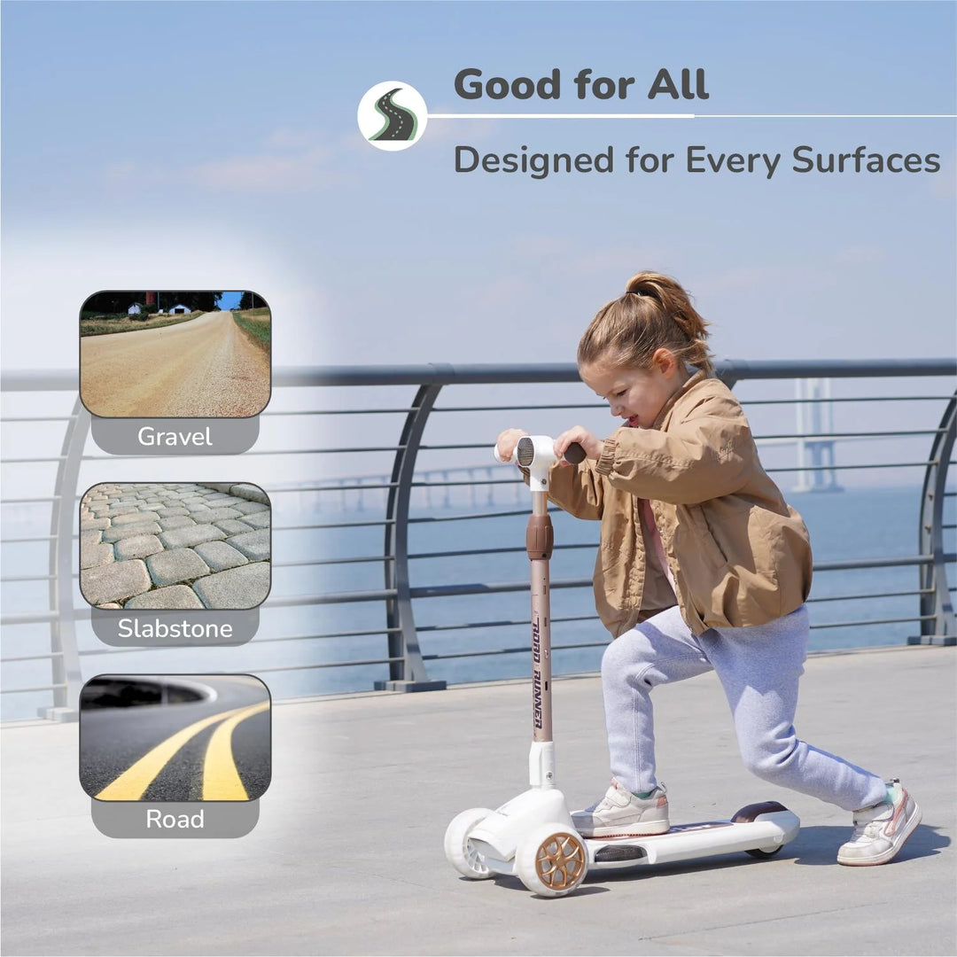 R for Rabbit Road Runner Blaze Foldable Kids Scooter | LED PU Wheels & Music | 4-Level Adjustable Height & Gravity Steering- Cream Gold
