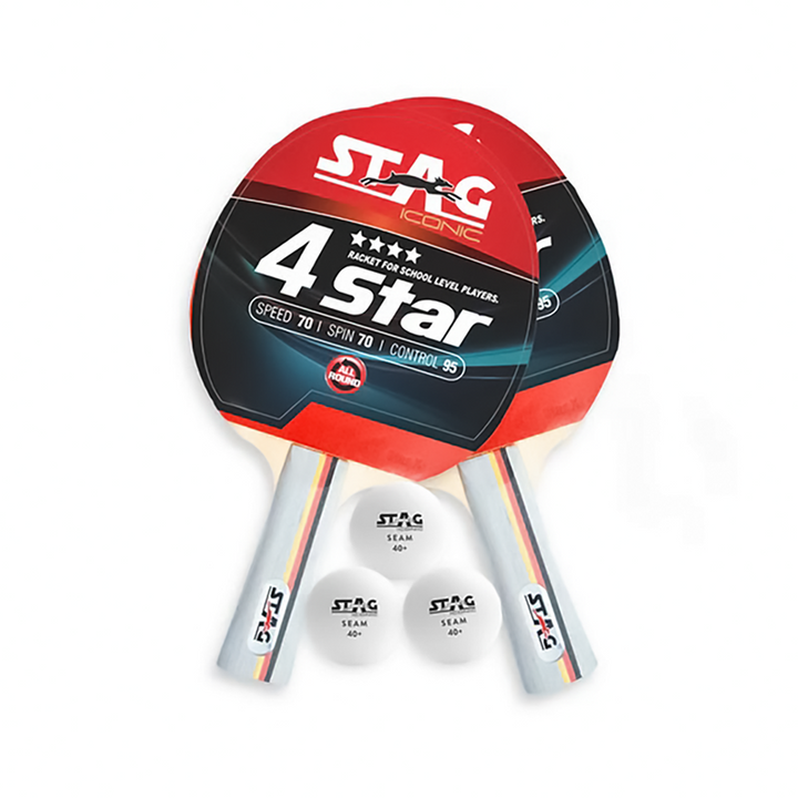 STAG ICONIC 4 Star Professional Table Tennis Playset, 2 Racquets & 3 Balls - White (9 Years till Grown Ups)