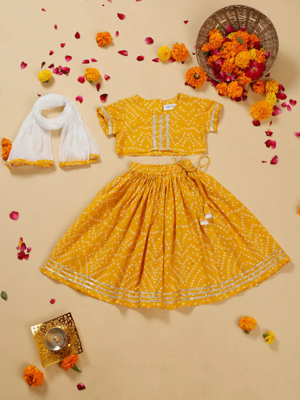 Saka Designs Girls Bandhani Print Lehenga Choli with Dupatta - Yellow