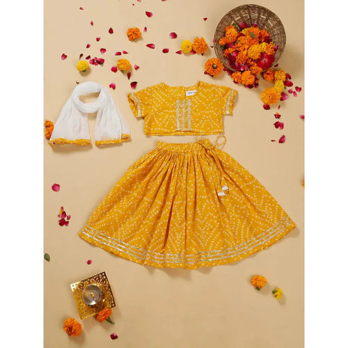 Saka Designs Girls Bandhani Print Lehenga Choli with Dupatta - Yellow