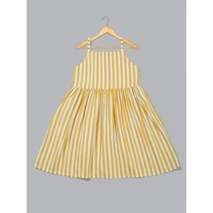 Saka Designs Pure Cotton Striped Yellow & White Shoulder Straps A-line Dress