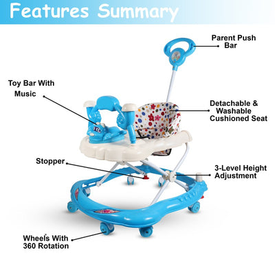 Musical Activity Cushioned Seat Walker With Parent Rod | Blue | ST-315