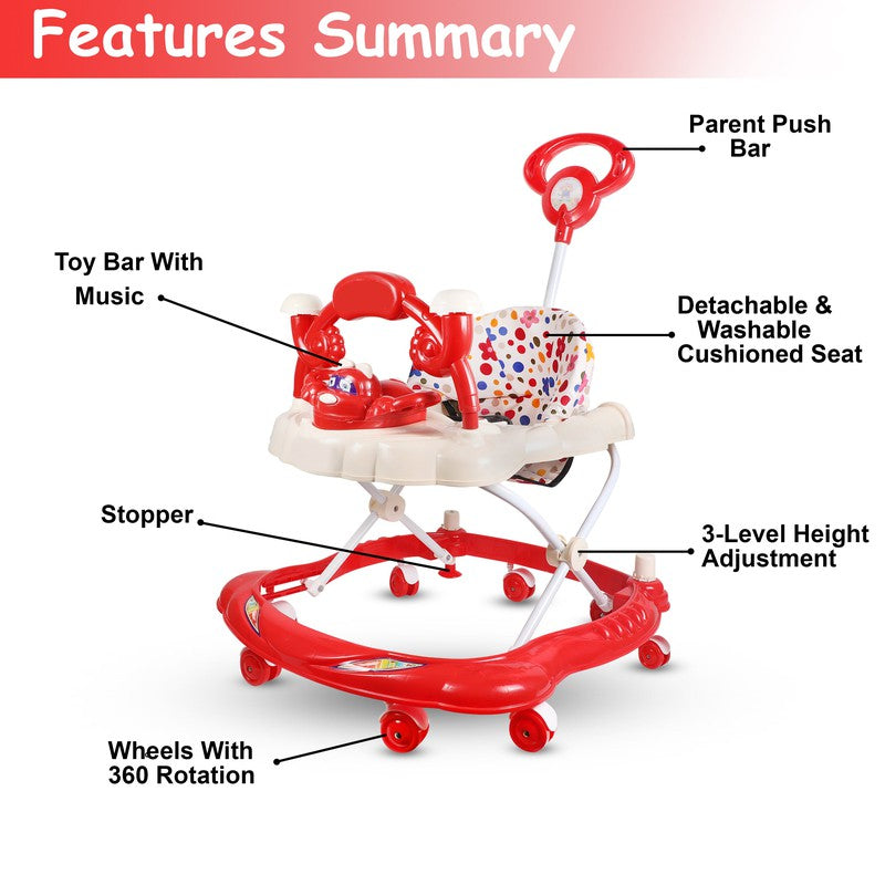 Musical Activity Cushioned Seat Walker With Parent Rod | Red | ST-315