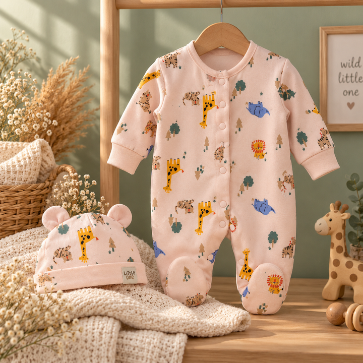 Baby Naturelle Cotton Knit Newborn Romper with Cap - Pink
