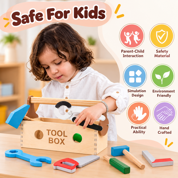 Chanak Wooden Tool Kit Pretend Playset for Kids - 7 Pieces | Montessori Construction Toy Box