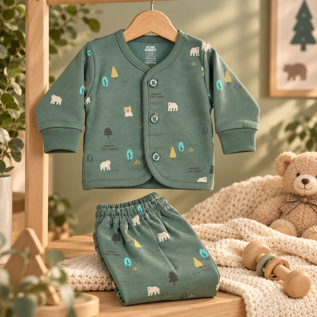 Pink Rabbit Preemie Cotton-Rich Knitted Full Sleeves Open-Front Vest & Pant Suit – 37 cm (M. Green)