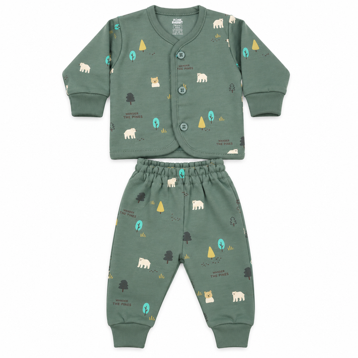 Pink Rabbit Preemie Cotton-Rich Knitted Full Sleeves Open-Front Vest & Pant Suit – 37 cm (M. Green)