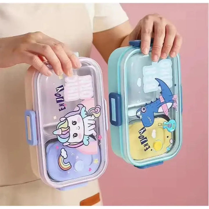 CuddleNest Green Dino Stainless Steel Lunch Box | 700ml + 100ml Soup Bowl