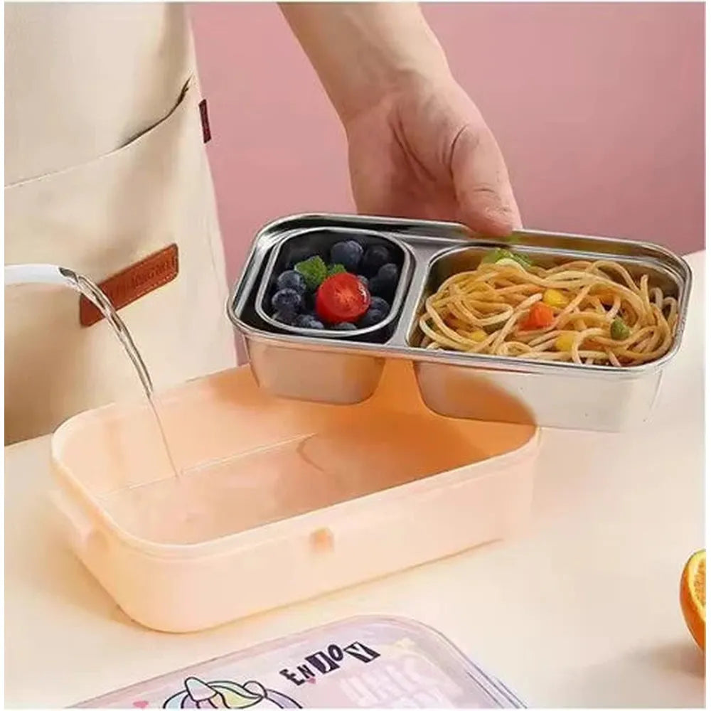 CuddleNest Green Dino Stainless Steel Lunch Box | 700ml + 100ml Soup Bowl
