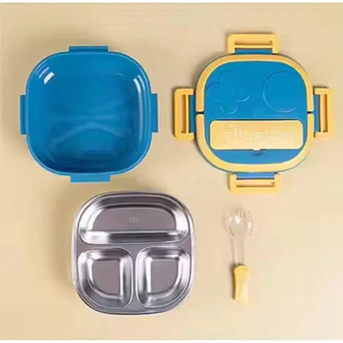 CuddleNest Bento Lunch Box Stainless Steel 3 Compartment Set with Fork Spoon - 850ml