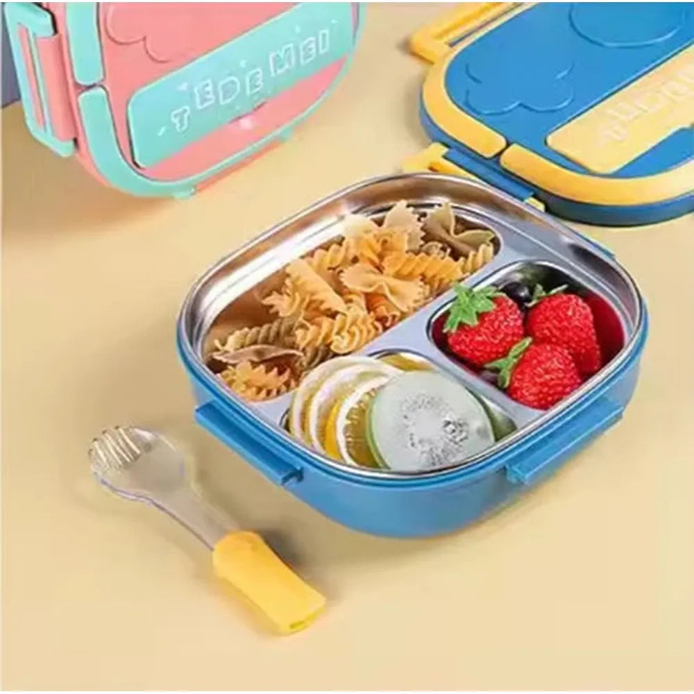 CuddleNest Bento Lunch Box Stainless Steel 3 Compartment Set with Fork Spoon - 850ml