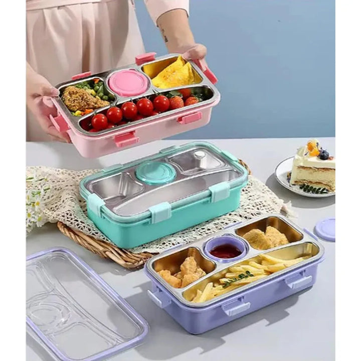 CuddleNest 3 Compartment Stainless Steel Lunch Box with Extra Sauce Bowl
