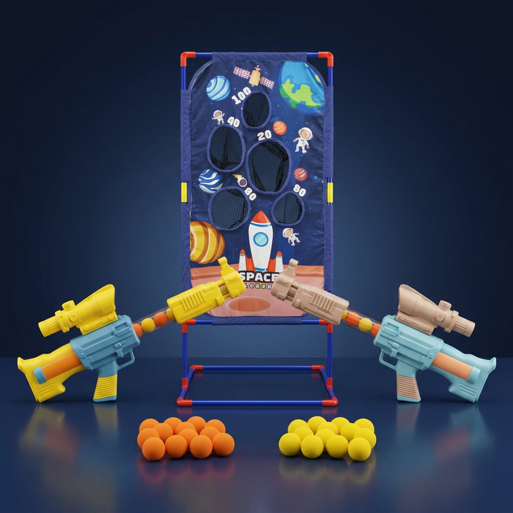 Chanak Space Explorer Pack of 2 Pneumatic Blaster Toy with Scoring Net Stand Include 24 Orange & 24 Yellow Soft Foam Ball