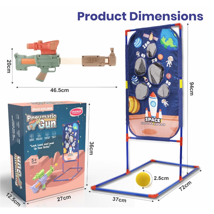 Chanak Space Explorer Pack of 2 Pneumatic Blaster Toy with Scoring Net Stand Include 24 Orange & 24 Yellow Soft Foam Ball