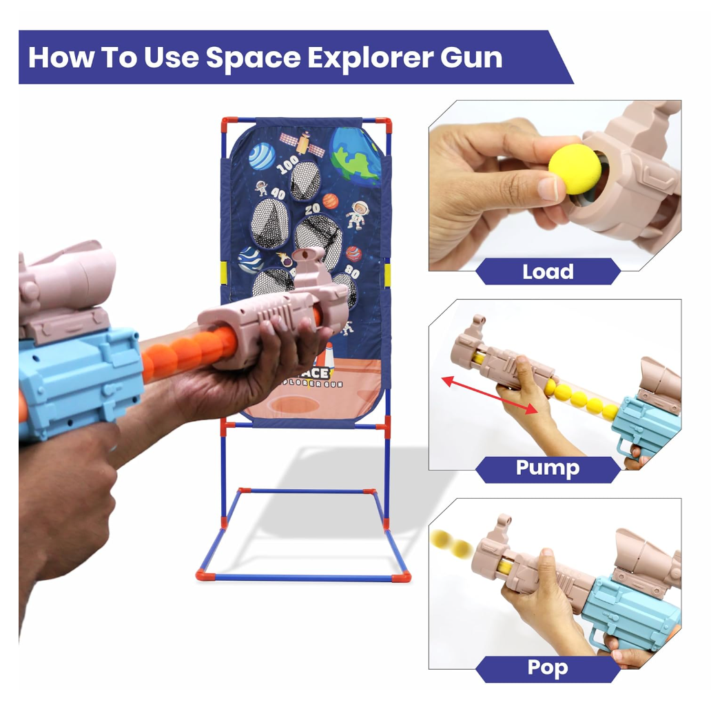 Chanak Space Explorer Pack of 2 Pneumatic Blaster Toy with Scoring Net Stand Include 24 Orange & 24 Yellow Soft Foam Ball
