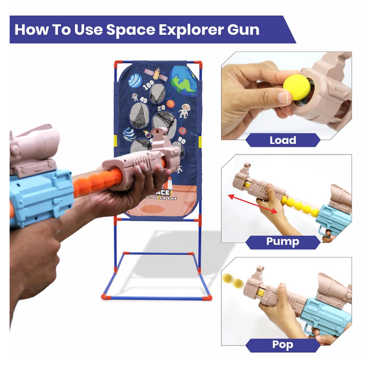 Chanak Space Explorer Pack of 2 Pneumatic Blaster Toy with Scoring Net Stand Include 24 Orange & 24 Yellow Soft Foam Ball