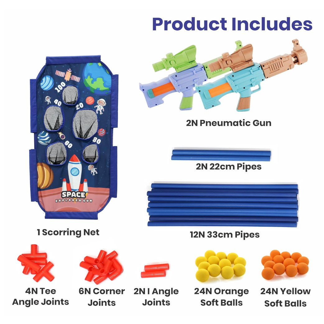 Chanak Space Explorer Pack of 2 Pneumatic Blaster Toy with Scoring Net Stand Include 24 Orange & 24 Yellow Soft Foam Ball