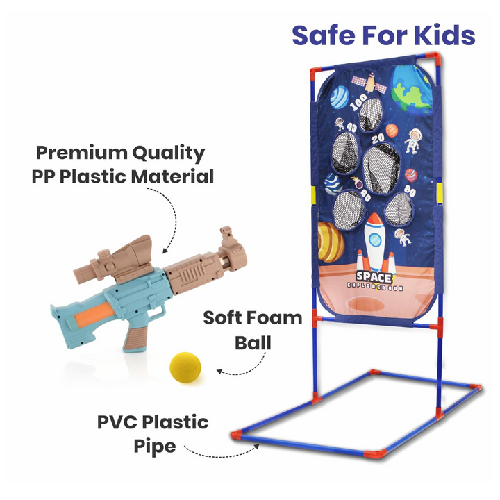 Chanak Space Explorer Pack of 2 Pneumatic Blaster Toy with Scoring Net Stand Include 24 Orange & 24 Yellow Soft Foam Ball