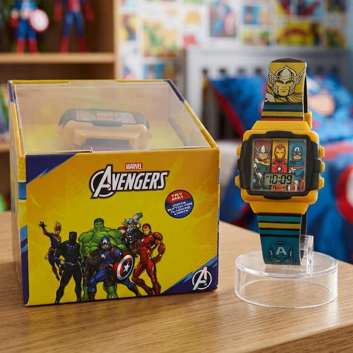 Original Marvel Avengers Digital Watch for Kids with Flashing Lights - Yellow & Black Dial