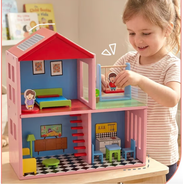 Chanak Big Wooden My Doll House | 4-Room Pretend Play Set | 16 Pieces