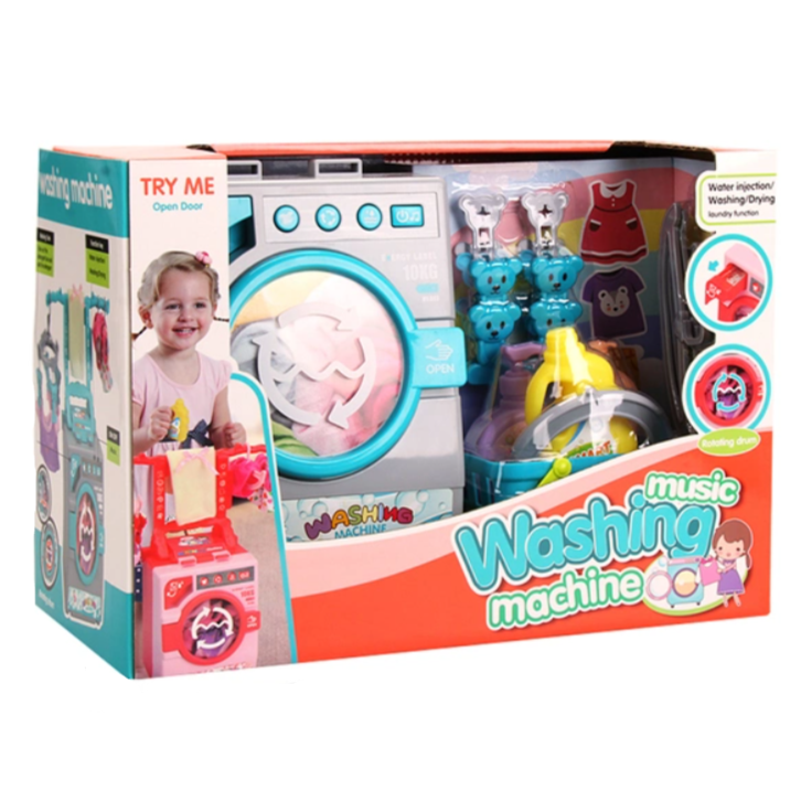 Electronic and Realistic Washing Machine Set with Rotating Drum (Pretend Play Set)