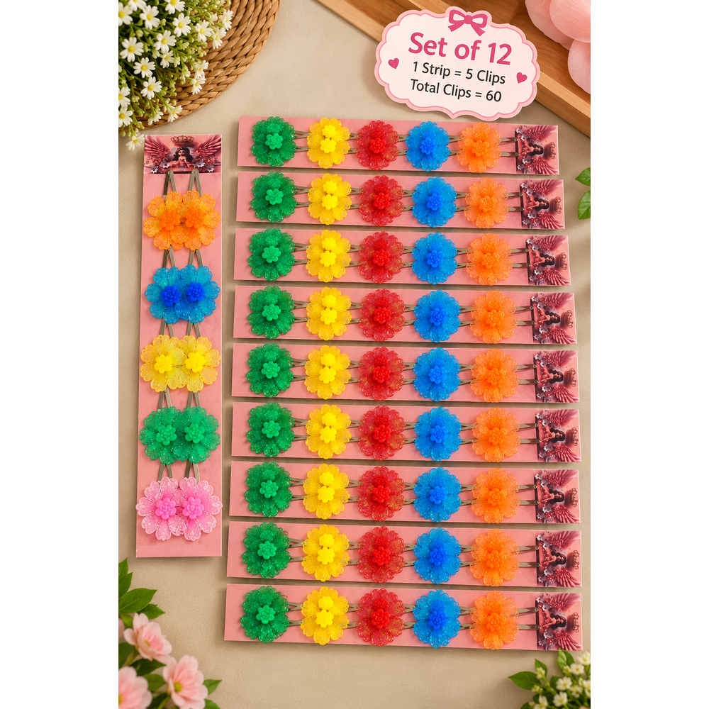 Set of 12 Flower Design Hair Clip Sets – 10 Pieces Each | Colourful Glitter Floral Hair Accessories for Girls | Kanjak Special