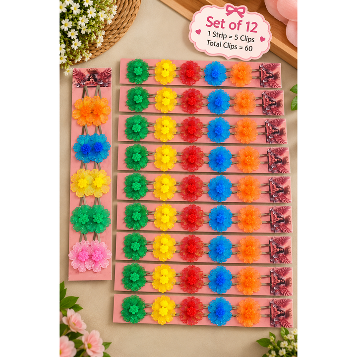 Set of 12 Flower Design Hair Clip Sets – 10 Pieces Each | Colourful Glitter Floral Hair Accessories for Girls | Kanjak Special