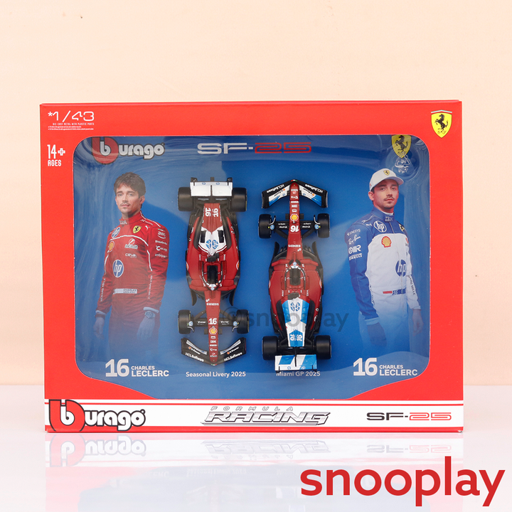 Bburago Set of 2 Original Ferrari SF25 (16 Charles Leclerc) Licensed Diecast Car | 1:43 Scale Model (14 Years Till Grown Ups)
