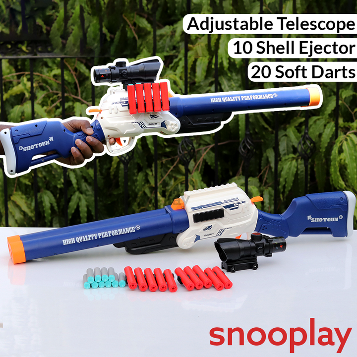 Double Barrel Shell Ejection Blaster with 20 Soft Darts | Detachable Grip, Adjustable Telescope (8-14 Years)
