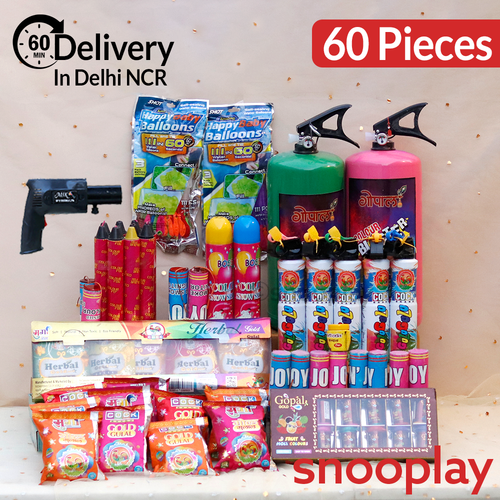 Signature Holi Collector Combo: 2 Cylinders (4kg), Boxes of Gululgulu, Color Fogs, Blaster, Ignitors, Gulaals, Balloons, Chandan, Snow Sprays and More | Assorted Colors & Prints