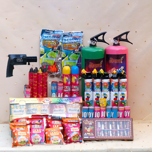 Signature Holi Collector Combo: 2 Cylinders (4kg), Boxes of Gululgulu, Color Fogs, Blaster, Ignitors, Gulaals, Balloons, Chandan, Snow Sprays and More | Assorted Colors & Prints
