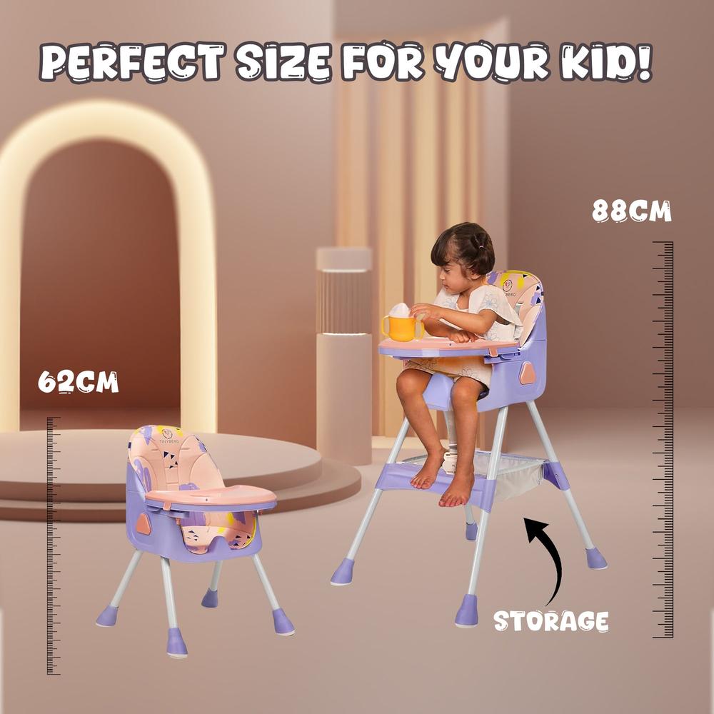 Tinyberg 3-in-1 High Chair with 5 Point Safety Belt | Upto 50 Kg | Foldable & Compact | Anti Skid Base | Wonderseat | Blueberry Pink