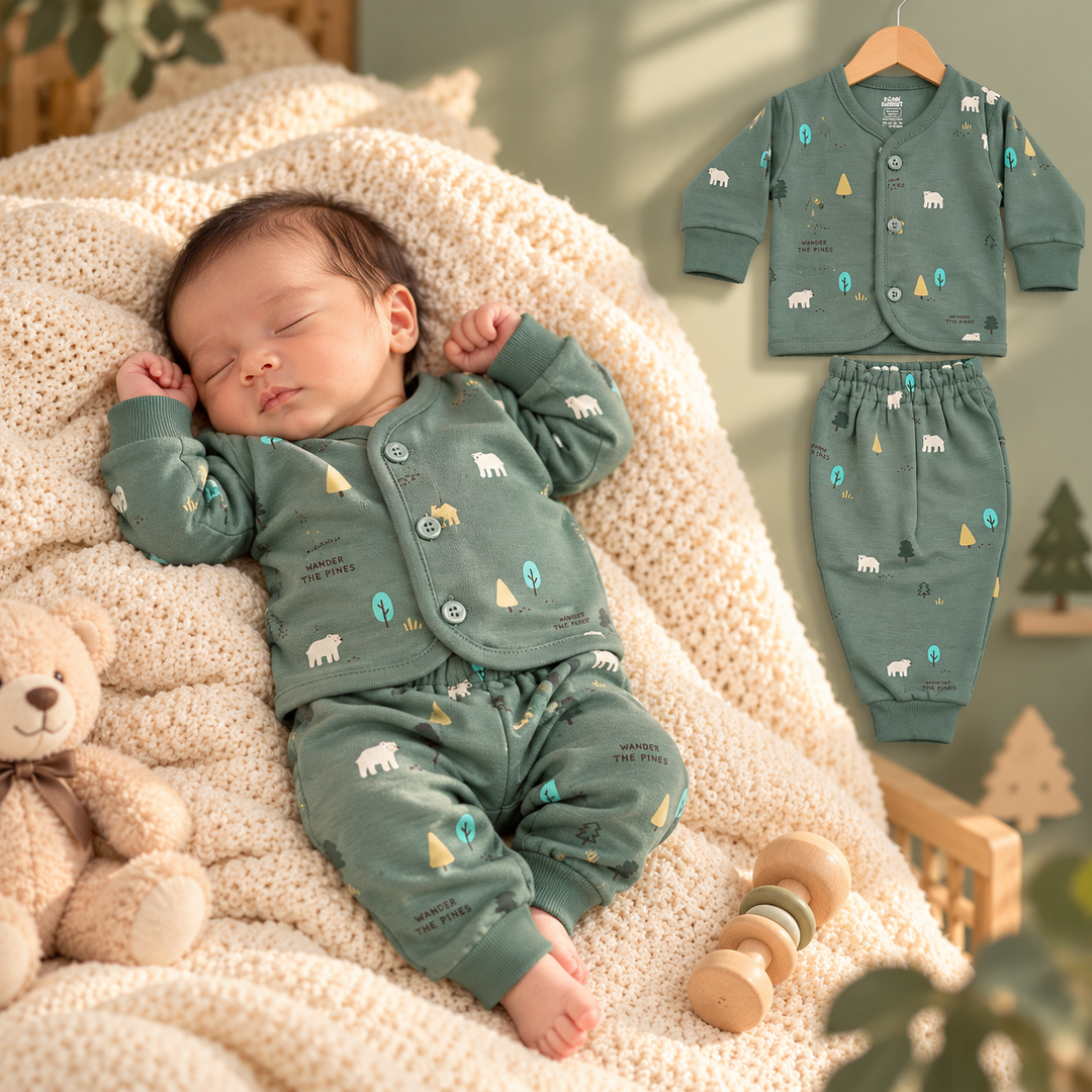 Pink Rabbit Preemie Cotton-Rich Knitted Full Sleeves Open-Front Vest & Pant Suit – 37 cm (M. Green)